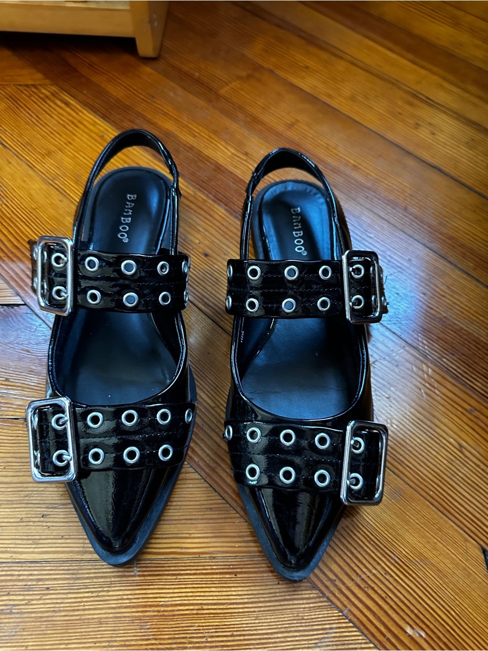 BAMBOO Black Patent Pointed Buckle Slingback Mules
